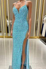 Blue Mermaid Sequins Split Evening Prom Dress