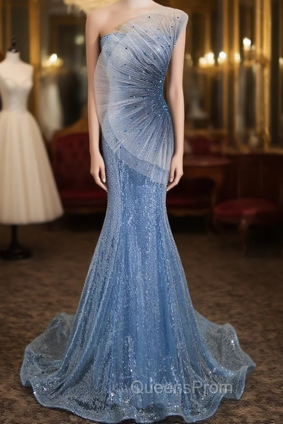 Blue Mermaid Sequins Strapless Evening Prom Dress