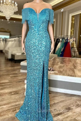 Blue Mermaid Sequins Straps Beading Split Evening Prom Dress