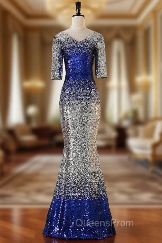 Blue Mermaid Short Sleeve Sequins Evening Prom Dress Main image