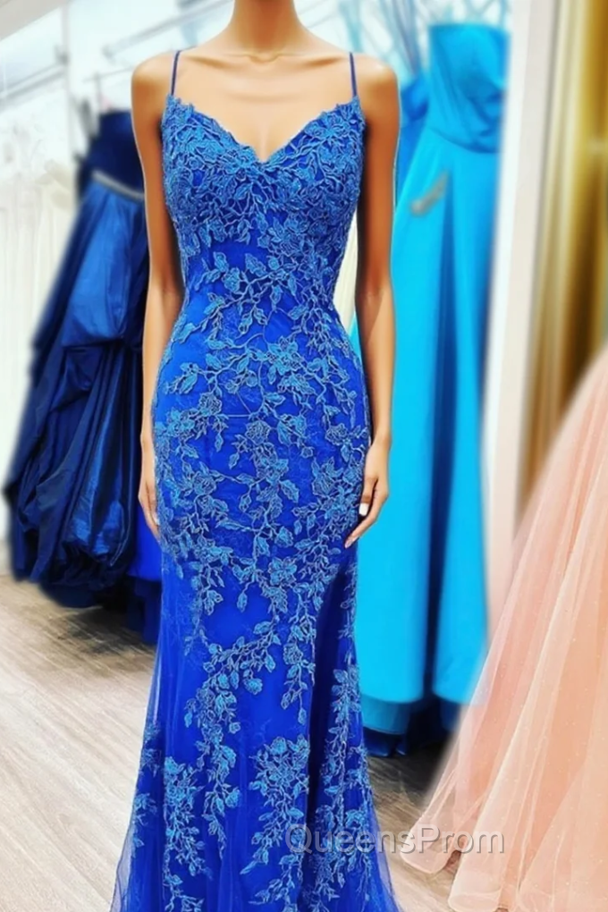 Blue Mermaid Spaghetti Straps Cheap Long Evening Prom Dress,Evening Party Dress Main image