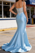 Blue Mermaid Spaghetti Straps Corset Appliqued Prom Dress