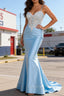 Blue Mermaid Spaghetti Straps Corset Appliqued Prom Dress
