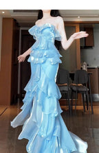 Blue Mermaid Strapless Long Ruffled Classy Prom Dress