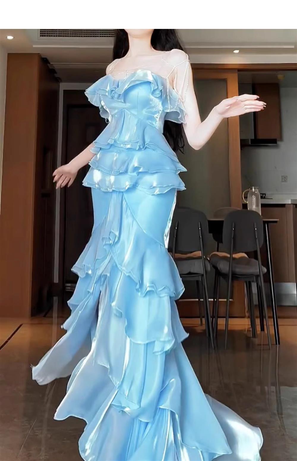 Blue Mermaid Strapless Long Ruffled Classy Prom Dress