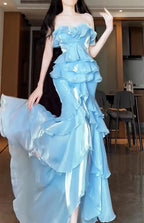 Blue Mermaid Strapless Long Ruffled Classy Prom Dress