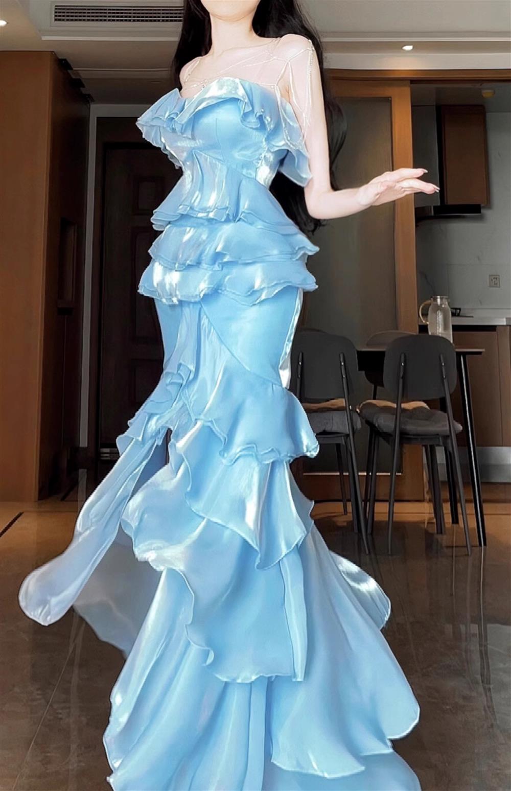 Blue Mermaid Strapless Long Ruffled Classy Prom Dress