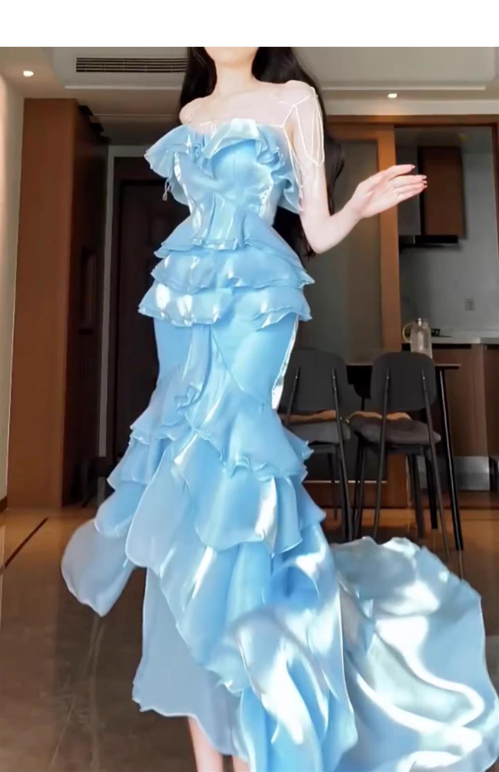 Blue Mermaid Strapless Long Ruffled Classy Prom Dress Main image