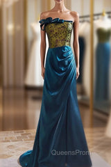 Blue Mermaid Strapless Print Evening Prom Dress