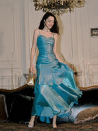 Blue Mermaid Straps Long Sweetheart Classy Prom Dress, Blue Party Dress Classy Dress