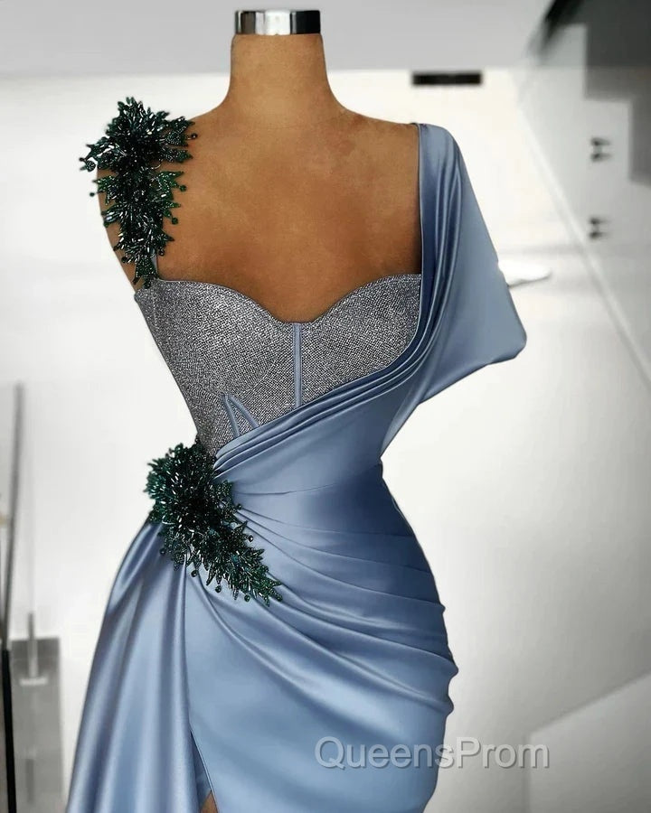 Blue Mermaid Sweetheart Satin Long Evening Prom Dress Beaded One Shoulder Formal Evening Dress Secondary image