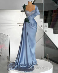 Blue Mermaid Sweetheart Satin Long Evening Prom Dress Beaded One Shoulder Formal Evening Dress