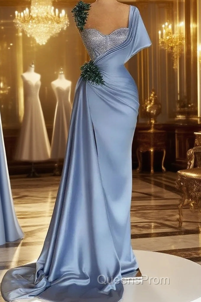 Blue Mermaid Sweetheart Satin Long Evening Prom Dress Beaded One Shoulder Formal Evening Dress Main image