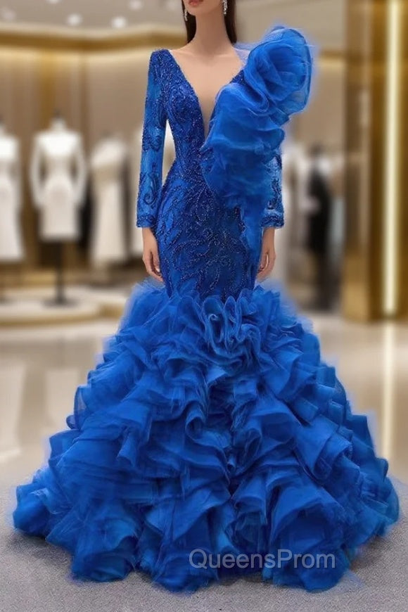 Blue Mermaid Tulle Beading Evening Prom Dress