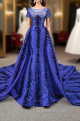 Blue Mermaid Velvet Backless Cap Sleeve Evening Prom Dress With Removable Train