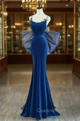 Blue Mermaid Velvet Spaghetti Straps Evening Prom Dress