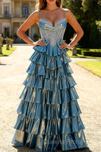 Blue Metallic A-Line Corset Tiered Long Prom Dress With Beading