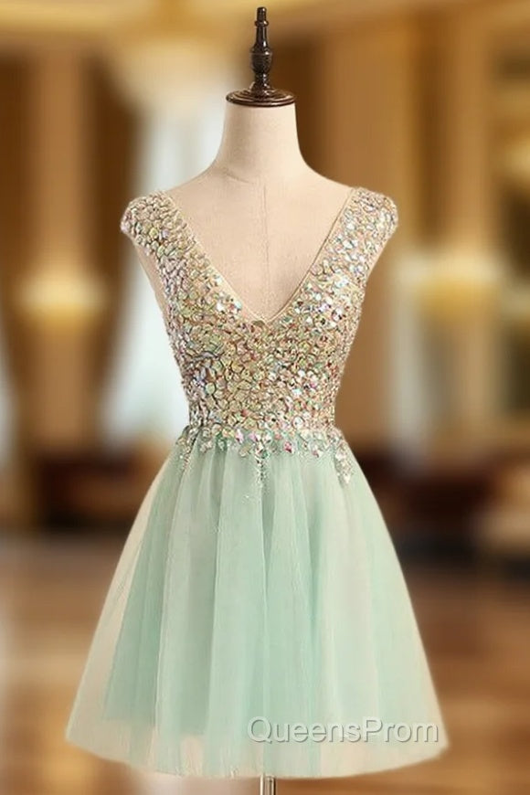 Blue Mini Short Crystal V-neck Dress