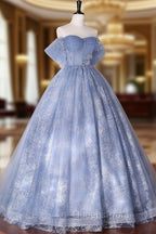 Blue Off Shoulder Ball Gown Floral Tulle Party Dress, Blue Sweet 16 Dress