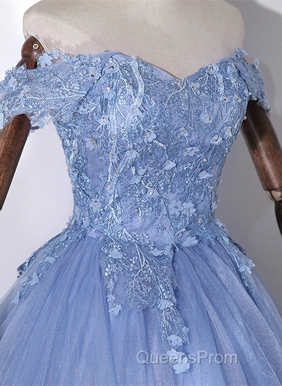 Blue Off Shoulder Tulle Party Dress With Lace, Long Formal Dress Sweet 16 Dress Secondary image