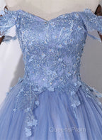 Blue Off Shoulder Tulle Party Dress With Lace, Long Formal Dress Sweet 16 Dress