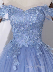 Blue Off Shoulder Tulle Party Dress With Lace, Long Formal Dress Sweet 16 Dress