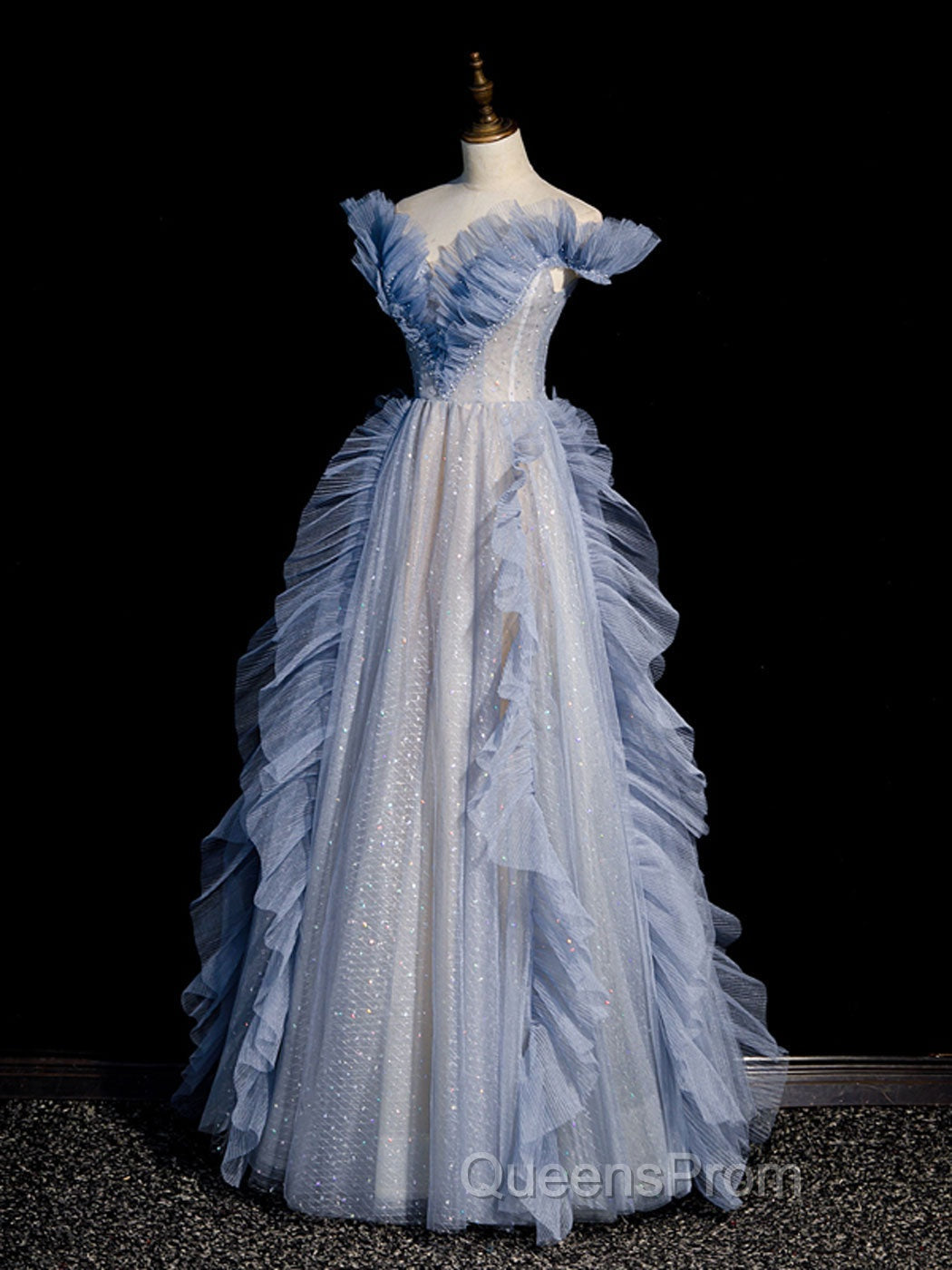 Blue Off Shoulder Tulle Sequin Beading Long Evening Prom Dress, Blue Formal Dress Secondary image