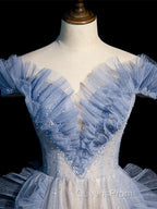 Blue Off Shoulder Tulle Sequin Beading Long Evening Prom Dress, Blue Formal Dress