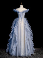 Blue Off Shoulder Tulle Sequin Beading Long Evening Prom Dress, Blue Formal Dress