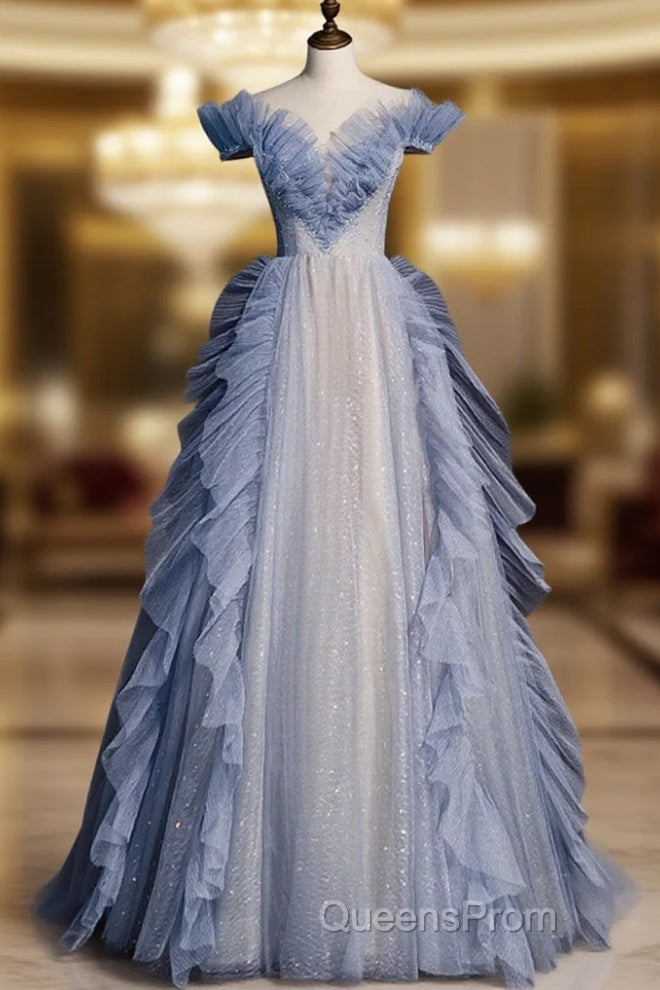 Blue Off Shoulder Tulle Sequin Beading Long Evening Prom Dress, Blue Formal Dress Main image