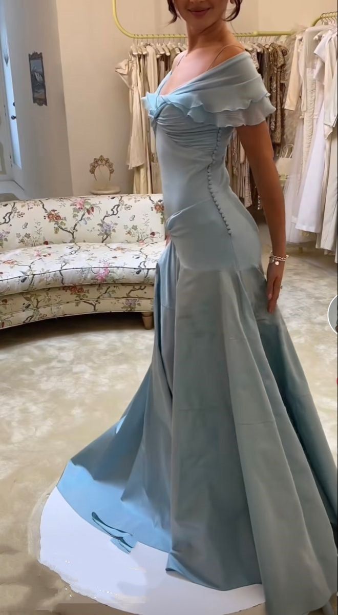 Elegant Blue A-Line Off-Shoulder Long Prom Dresses Vintage Satin Chiffon Formal Evening Dresses