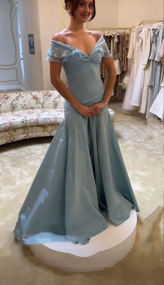 Elegant Blue A-Line Off-Shoulder Long Prom Dresses Vintage Satin Chiffon Formal Evening Dresses Main image