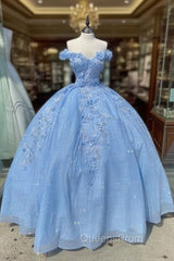 Blue Off The Shoulder Evening Gown, Long Evening Prom Ball Gown Dress