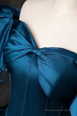 Blue Off the Shoulder Satin Floor Length Prom Dress with Corset, Blue Evening Party Dress