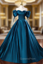 Blue Off the Shoulder Satin Floor Length Evening Prom Dress with Corset, Blue Evening Party Dress