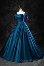 Blue Off the Shoulder Satin Floor Length Evening Prom Dress with Corset, Blue Evening Party Dress