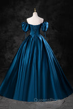 Blue Off the Shoulder Satin Floor Length Evening Prom Dress with Corset, Blue Evening Party Dress
