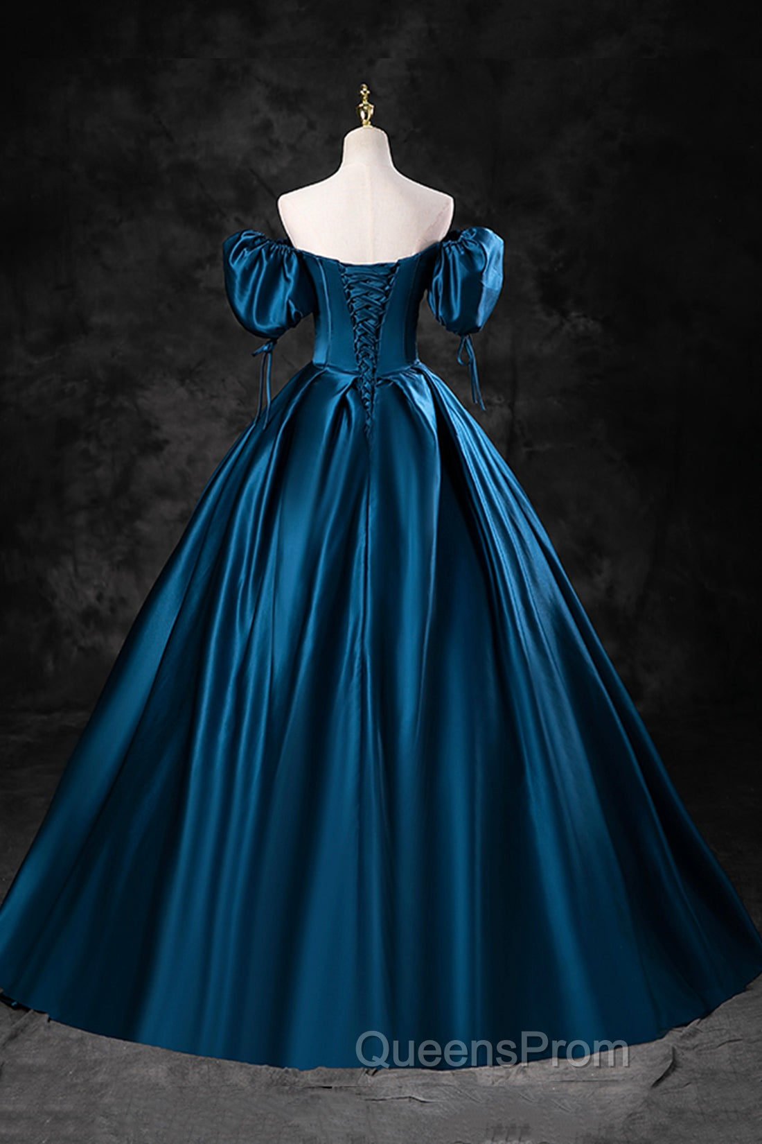 Blue Off the Shoulder Satin Floor Length Evening Prom Dress with Corset, Blue Evening Party Dress