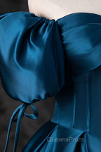 Blue Off the Shoulder Satin Floor Length Evening Prom Dress with Corset, Blue Evening Party Dress