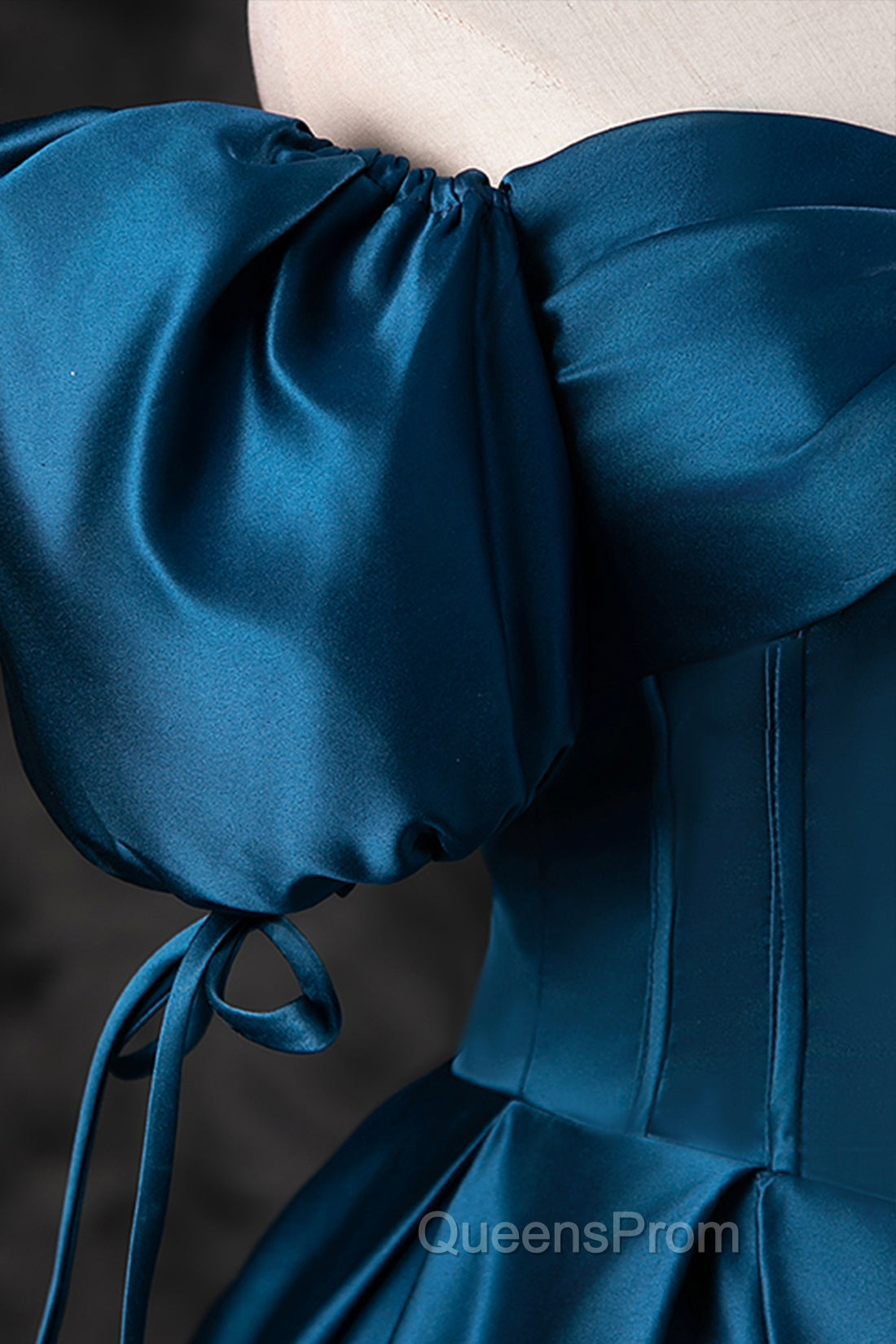Blue Off the Shoulder Satin Floor Length Evening Prom Dress with Corset, Blue Evening Party Dress