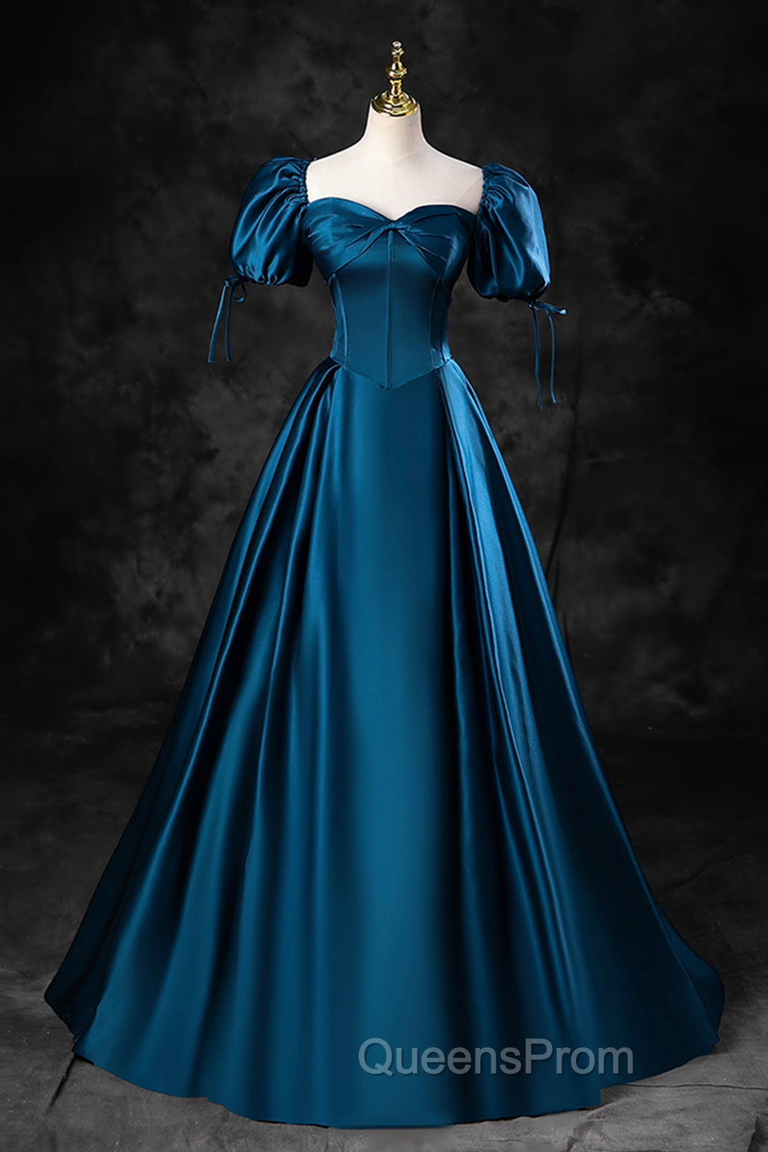 Blue Off the Shoulder Satin Floor Length Evening Prom Dress with Corset, Blue Evening Party Dress