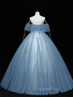 Blue Off-the-Shoulder Sequin Tulle Lace Sleeveless Lone Evening Prom Dress,Sweet 16 Gown