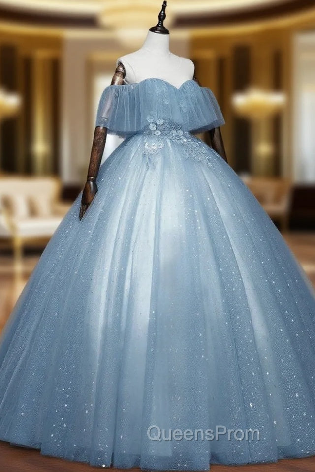 Blue Off-the-Shoulder Sequin Tulle Lace Sleeveless Lone Evening Prom Dress,Sweet 16 Gown