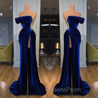 Blue Off-the-Shoulder Velvet Evening Prom Dress Mermaid Long With Split