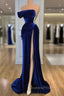 Blue Off-the-Shoulder Velvet Evening Prom Dress Mermaid Long With Split