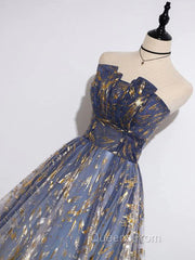 Blue Ombre Long Lace Evening Prom Dress, Blue Long Lace Tulle Evening Dress