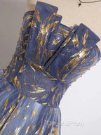 Blue Ombre Long Lace Evening Prom Dress, Blue Long Lace Tulle Evening Dress