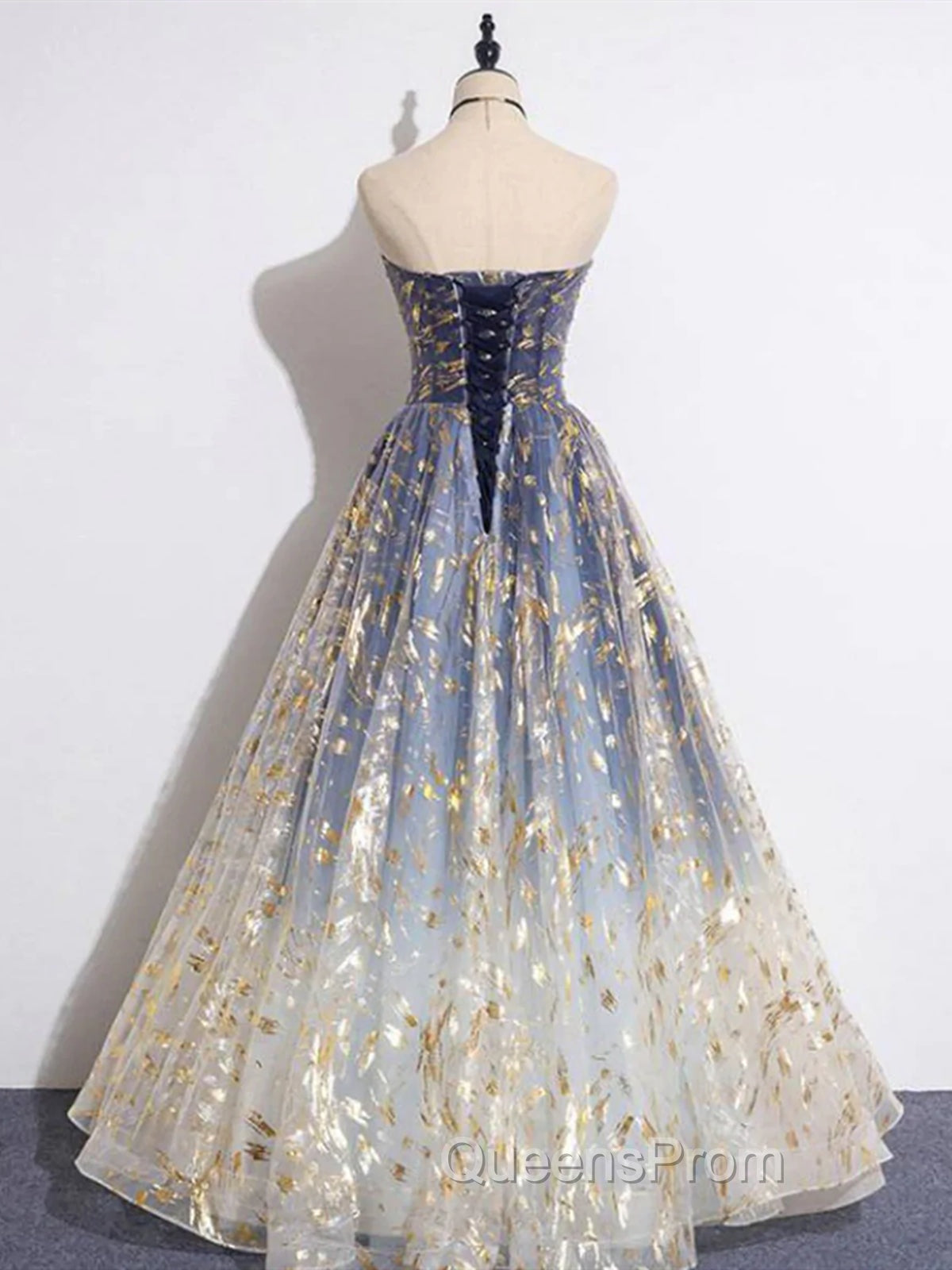 Blue Ombre Long Lace Evening Prom Dress, Blue Long Lace Tulle Evening Dress