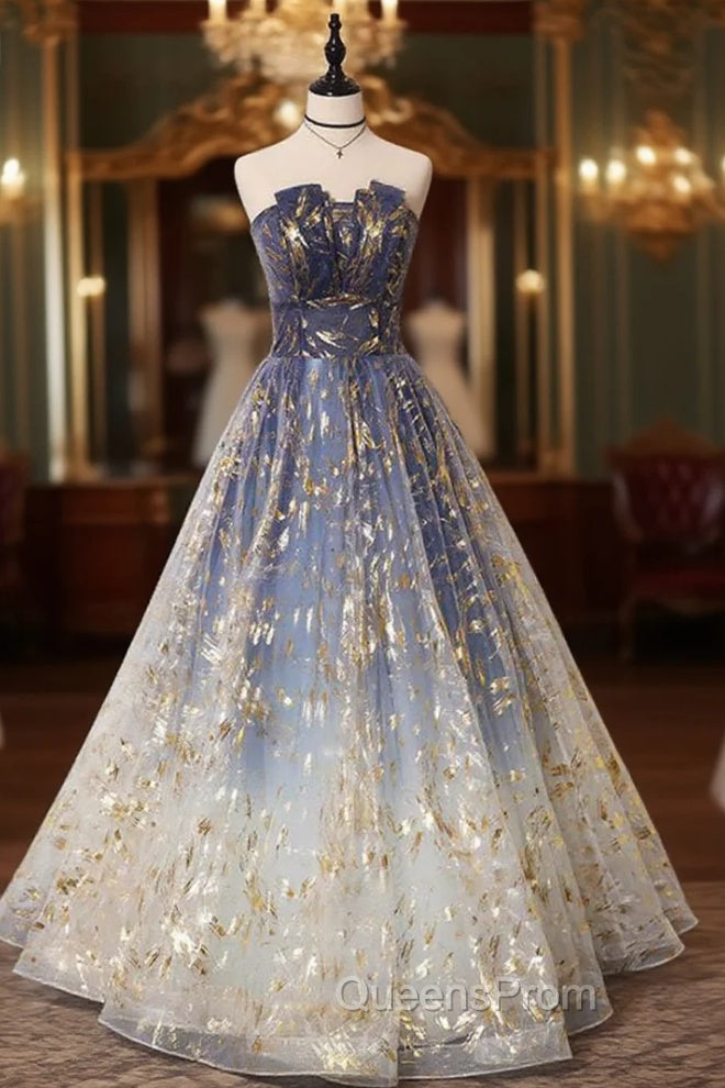 Blue Ombre Long Lace Evening Prom Dress, Blue Long Lace Tulle Evening Dress Main image