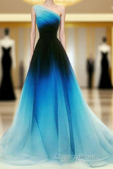 Blue Ombre One Shoulder Ruched Evening Prom Dress